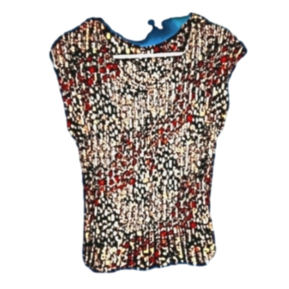 𝅺Accordion Pleated Medium Brown Orange Cream Floral Sleeveless Blouse - Picture 1 of 6